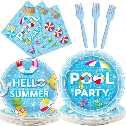 Tevxj 96-piece pool party tableware set with 9-inch plates for easy entertaining.