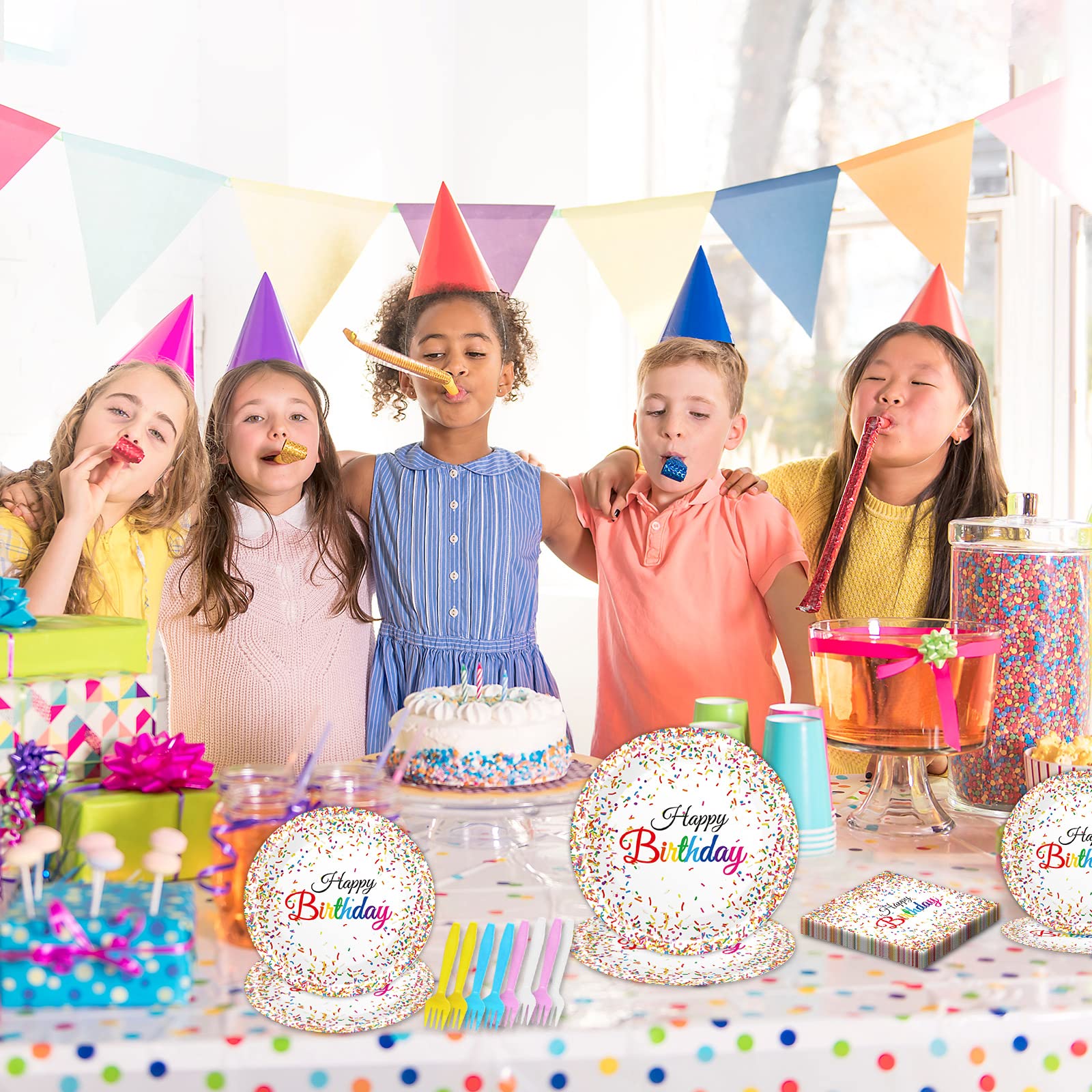 Tevxj confetti-sprinkles-party-kit pairs plates, napkins, and forks for simple setup.