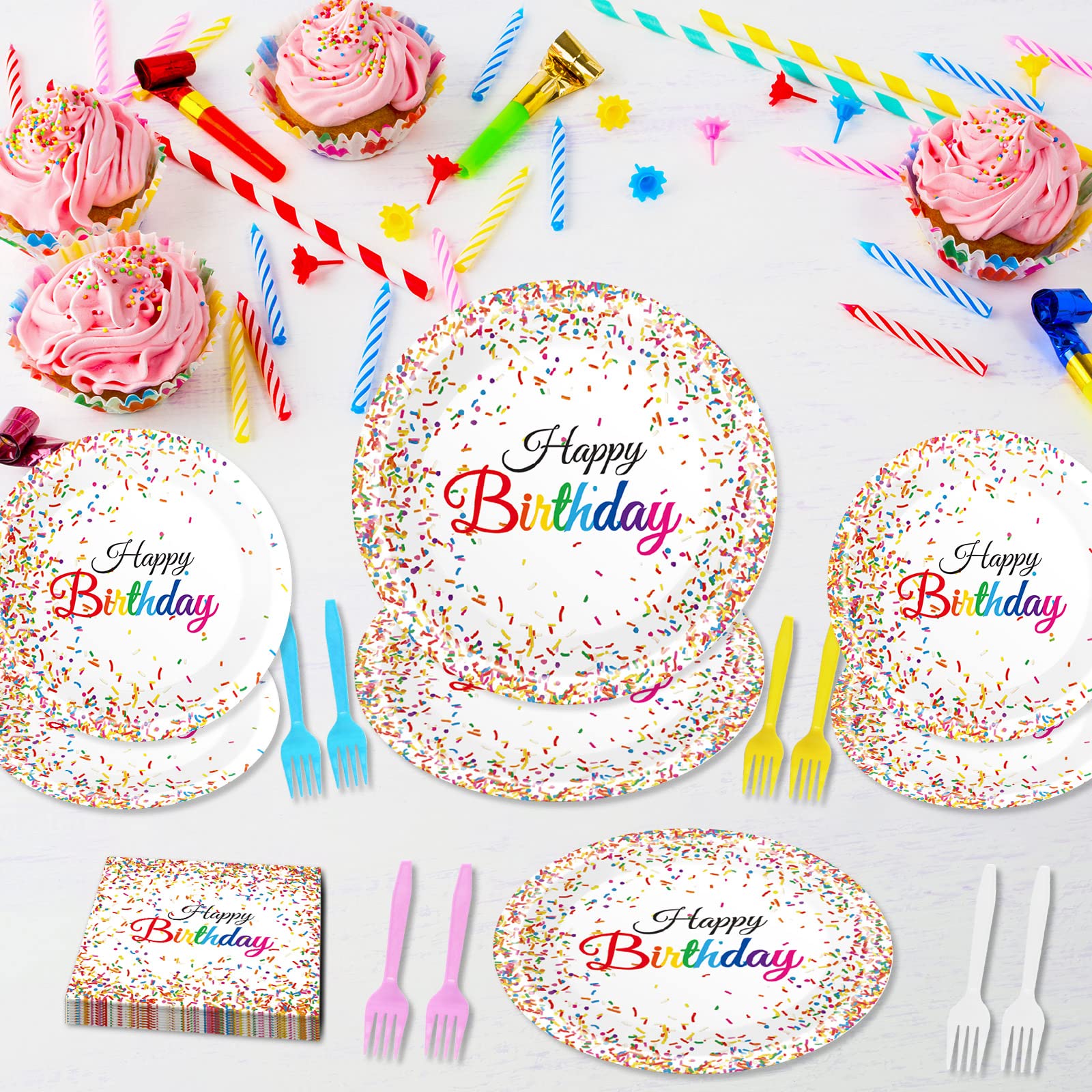 Tevxj confetti-sprinkles-plastic-forks provide colorful serving utensils for easy tabletop dining.