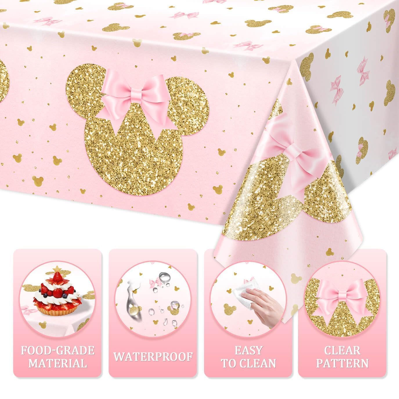 Tewess girls' birthday party table setting featuring pink mouse decor.