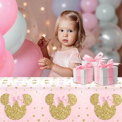Tewess pink-gold mouse head decor enhances princess-themed party tables.