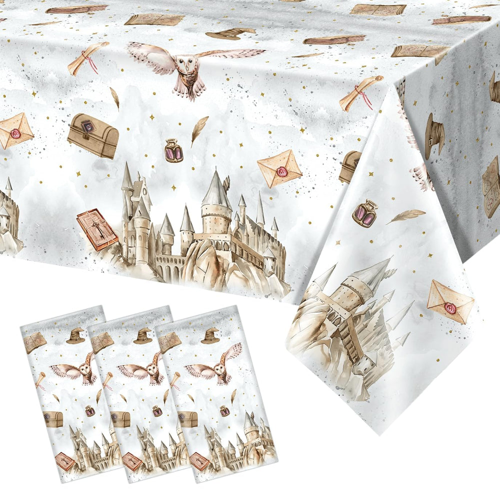 Tewess wizard tablecloth with castle-owl pattern creates magical party ambiance and easy cleanup.