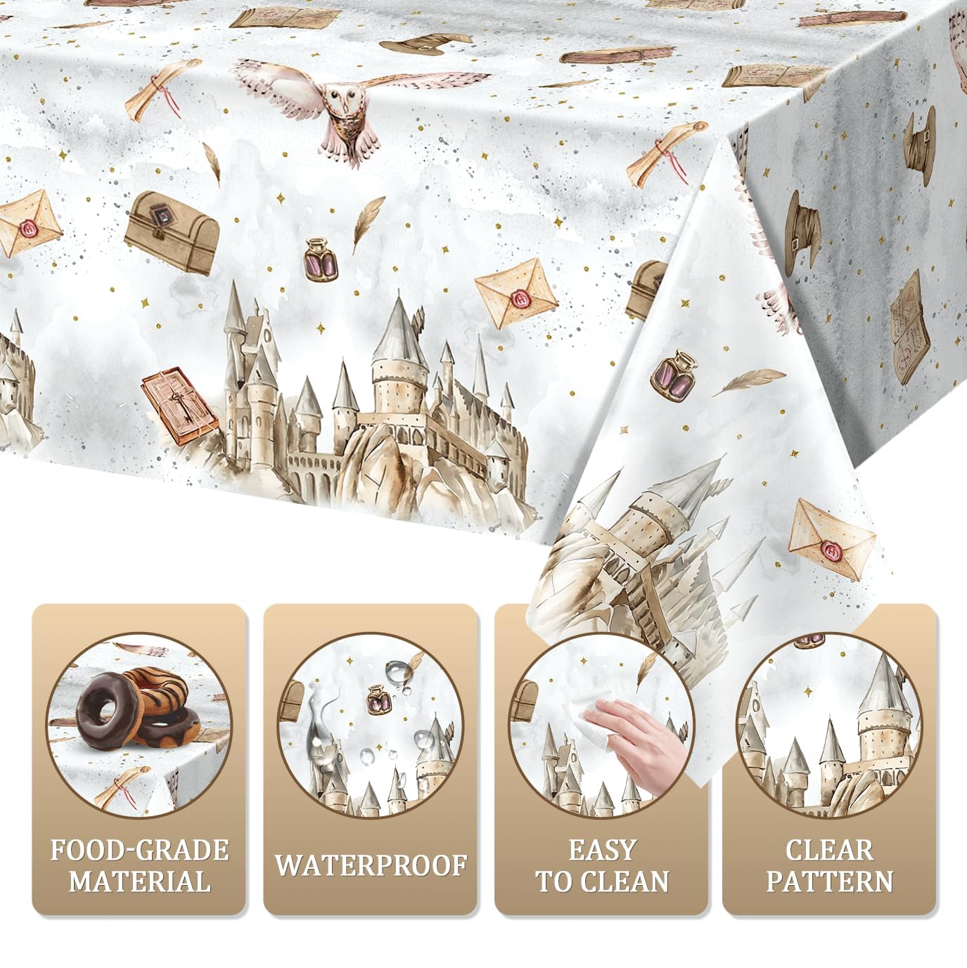 Tewess wizard tablecloth white background with brown and gold accents for elegant wizard decor.
