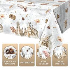 Tewess wizard tablecloth white background with brown and gold accents for elegant wizard decor.
