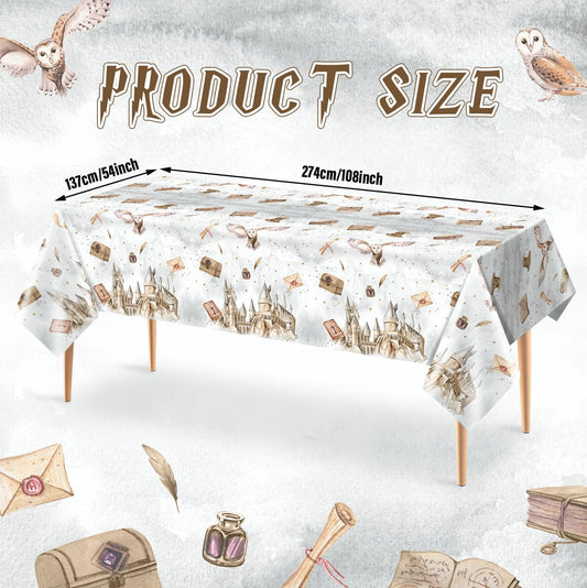 Tewess wizard tablecloth features quills and ink bottles for an authentic magic school vibe.