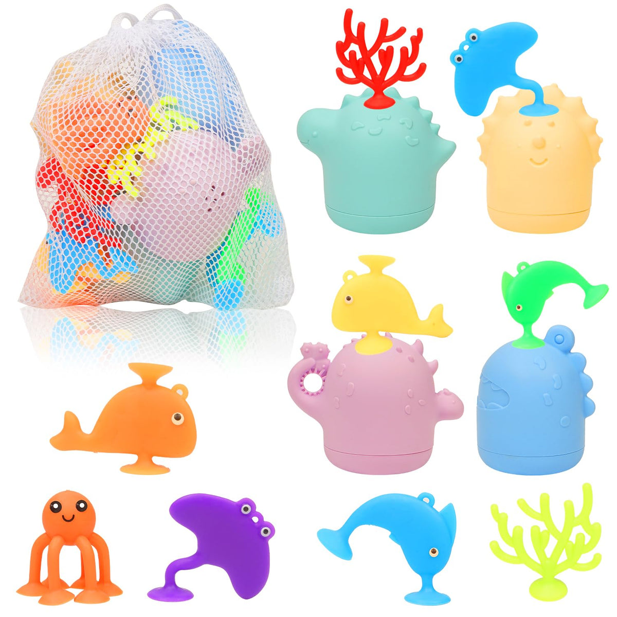 Texviko 13pcs silicone bath toys overview sparks toddler exploration with color and texture.