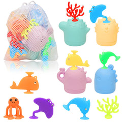 Texviko 13pcs silicone bath toys overview sparks toddler exploration with color and texture.