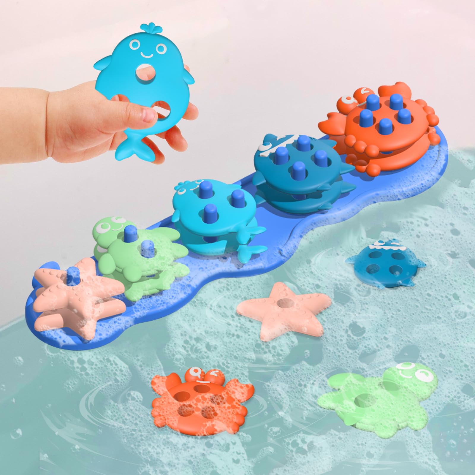 Texviko suction board with vibrant bath toys for stable stacking and play