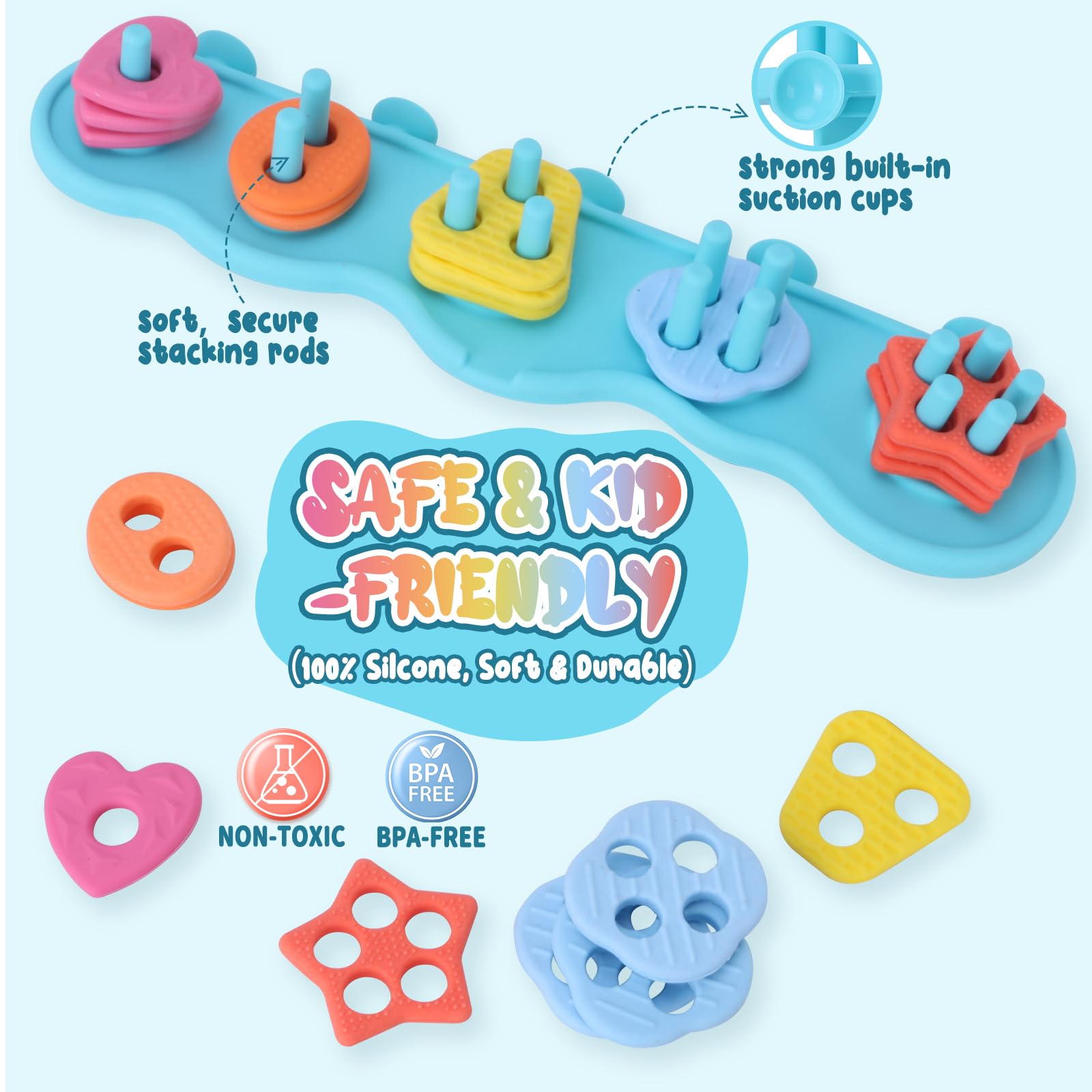 Floating board with suction cups keeps toys in place during bath