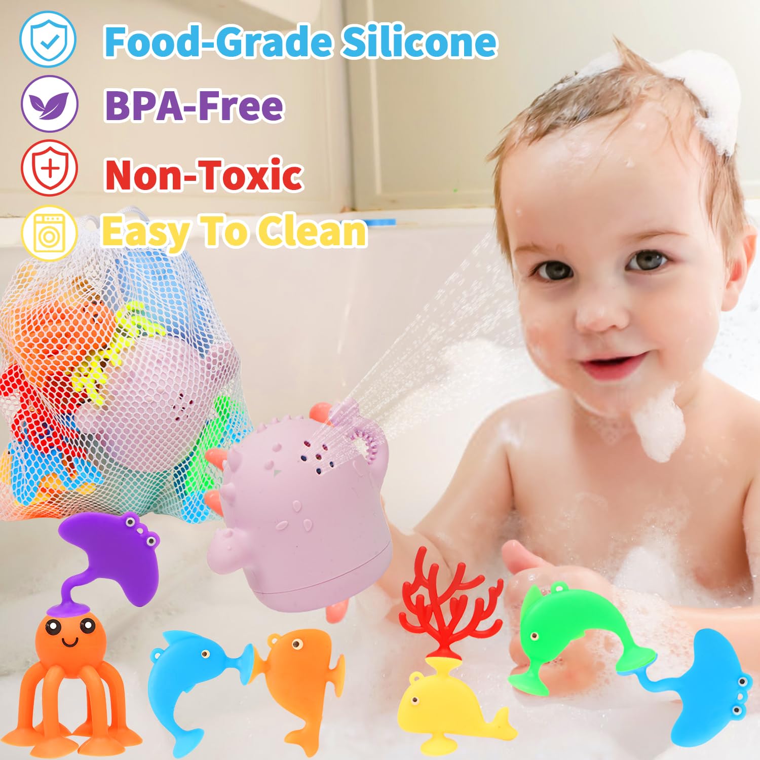 Texviko silicone bath toy suction dinosaurs and sea animals on tub wall for easy play.