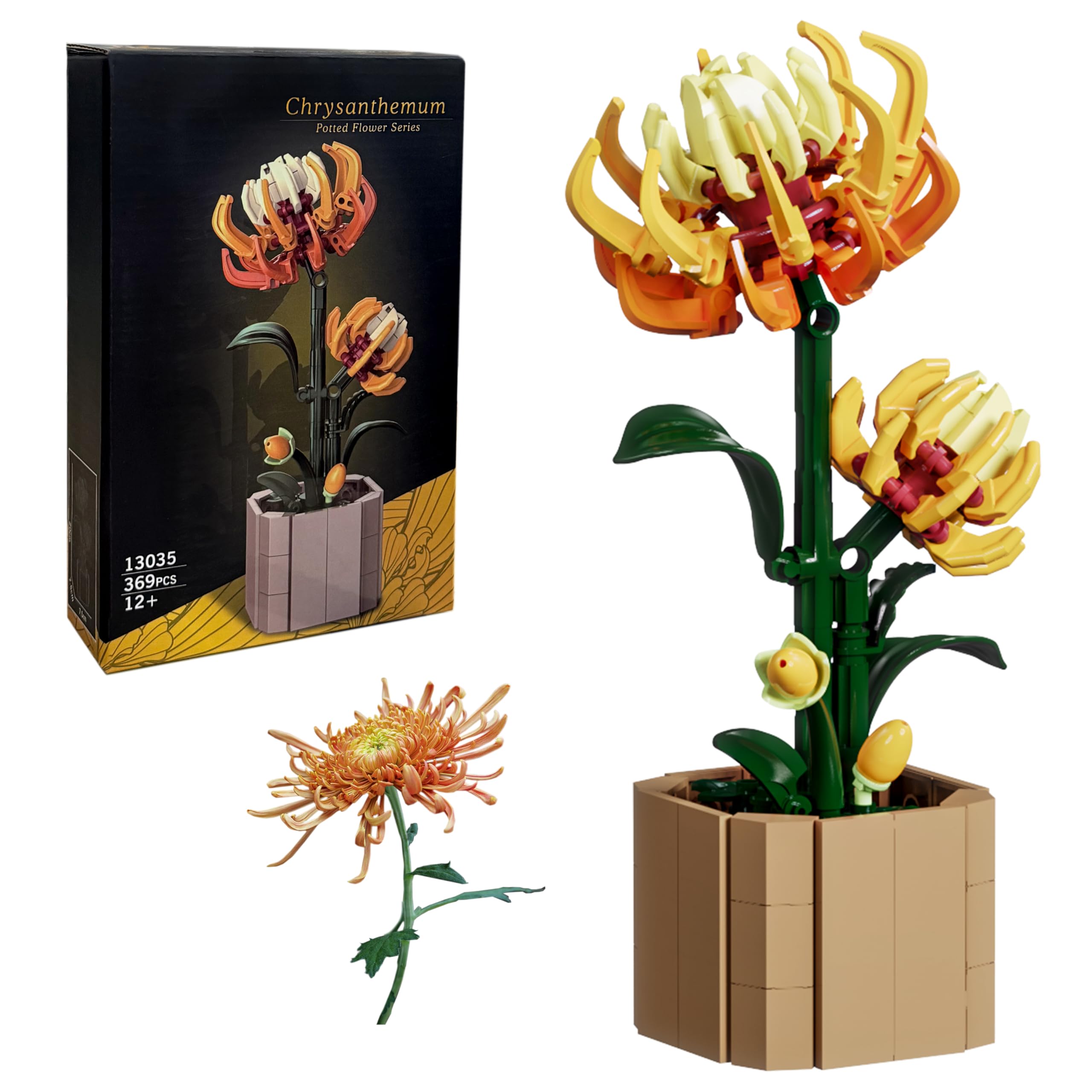 Texxxian Botanicals yellow chrysanthemum bonsai set in vase, long-lasting decor for home or office.