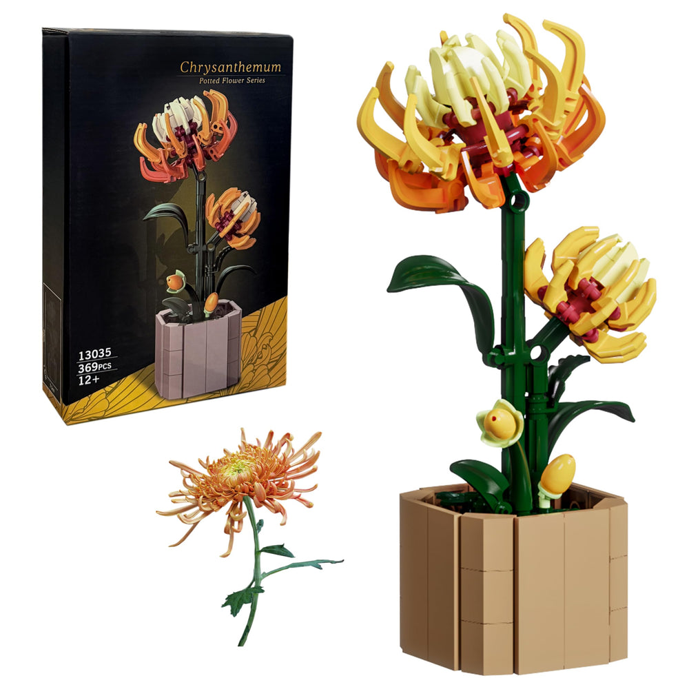 Texxxian Botanicals yellow chrysanthemum bonsai set in vase, long-lasting decor for home or office.