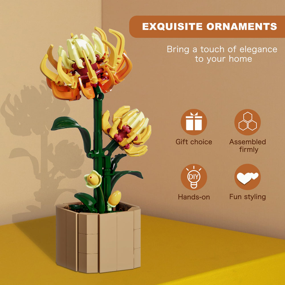 Texxxian Botanicals yellow chrysanthemum office decor on a clean desk surface.