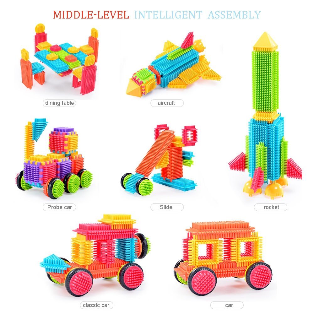 Teytoy Bristle Shape Blocks house supports spatial skills through hands-on building.