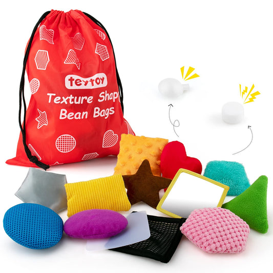Teytoy Texture Sensory Bean Bags with diverse fabrics for tactile exploration.