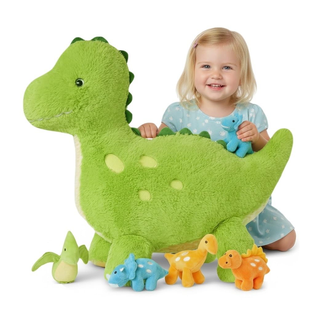 Tezituor 26-inch green dinosaur with four babies for imaginative play and cozy decor