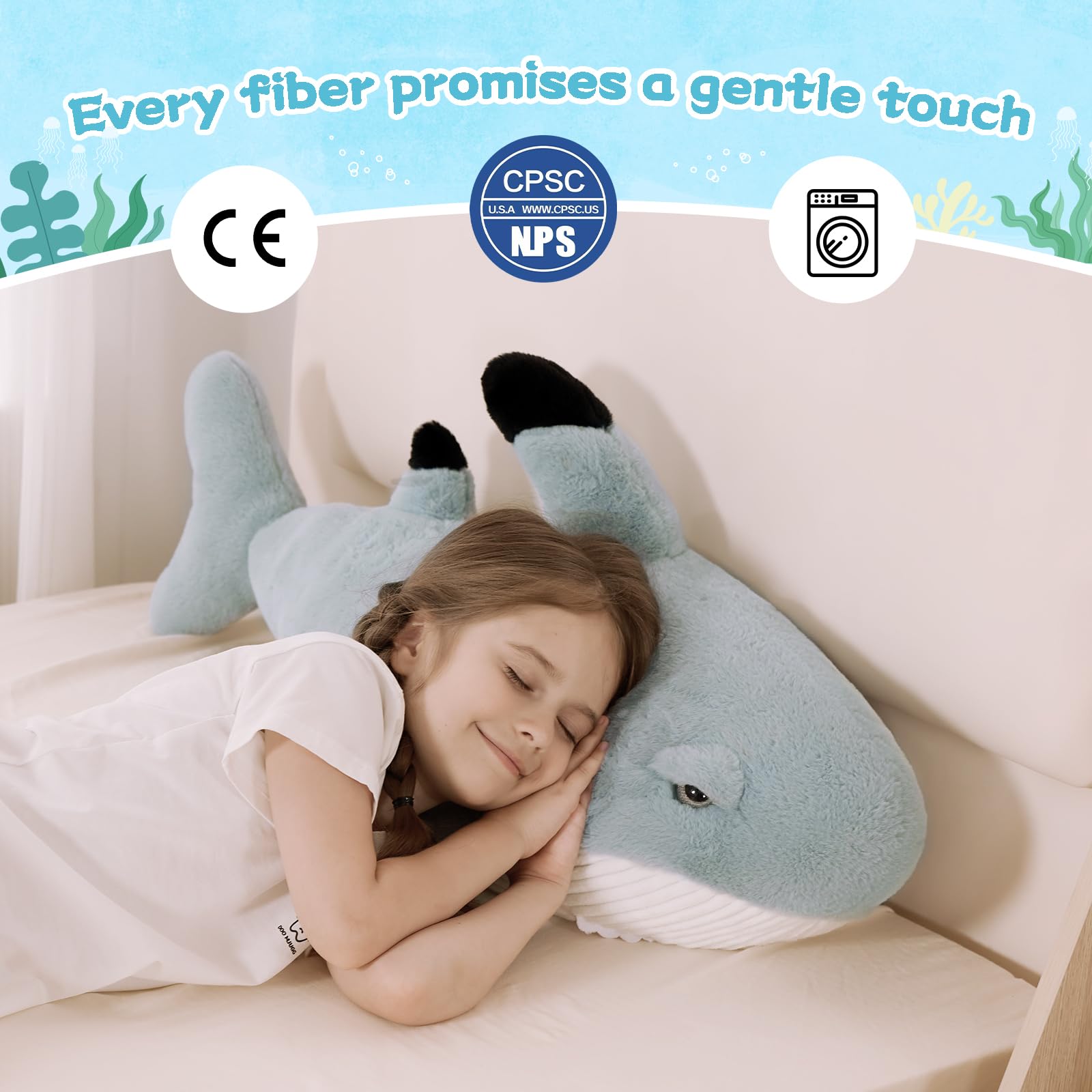 Tezituor 32inch shark plush as a cozy sleep pillow on a bed
