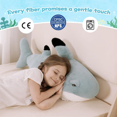 Tezituor 32inch shark plush as a cozy sleep pillow on a bed