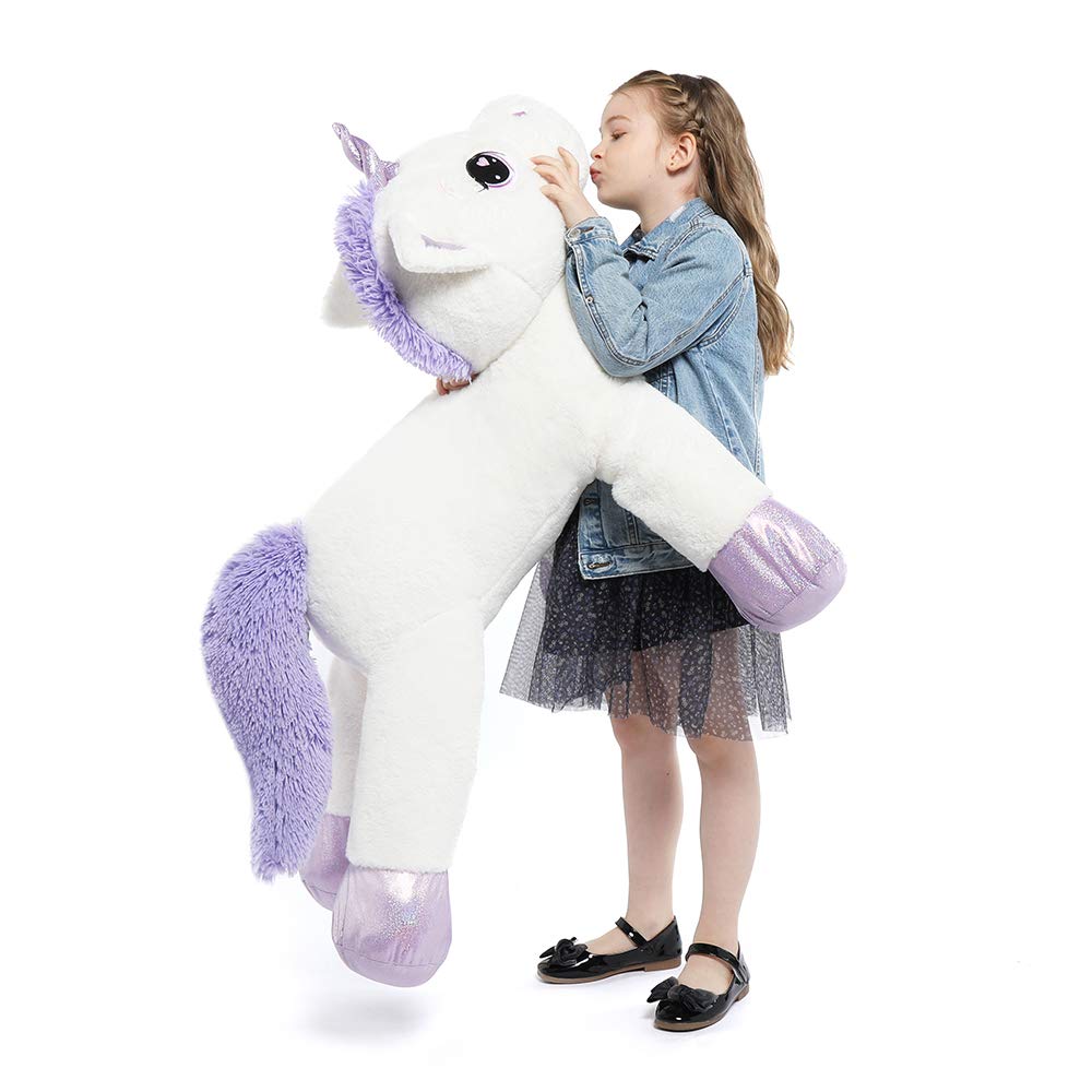 Tezituor 43-inch unicorn plush with white body and purple limbs, perfect for hugs