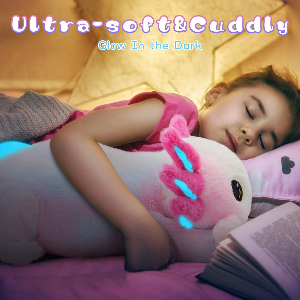 Tezituor axolotl glow-in-dark gills and tail brightening nighttime play.