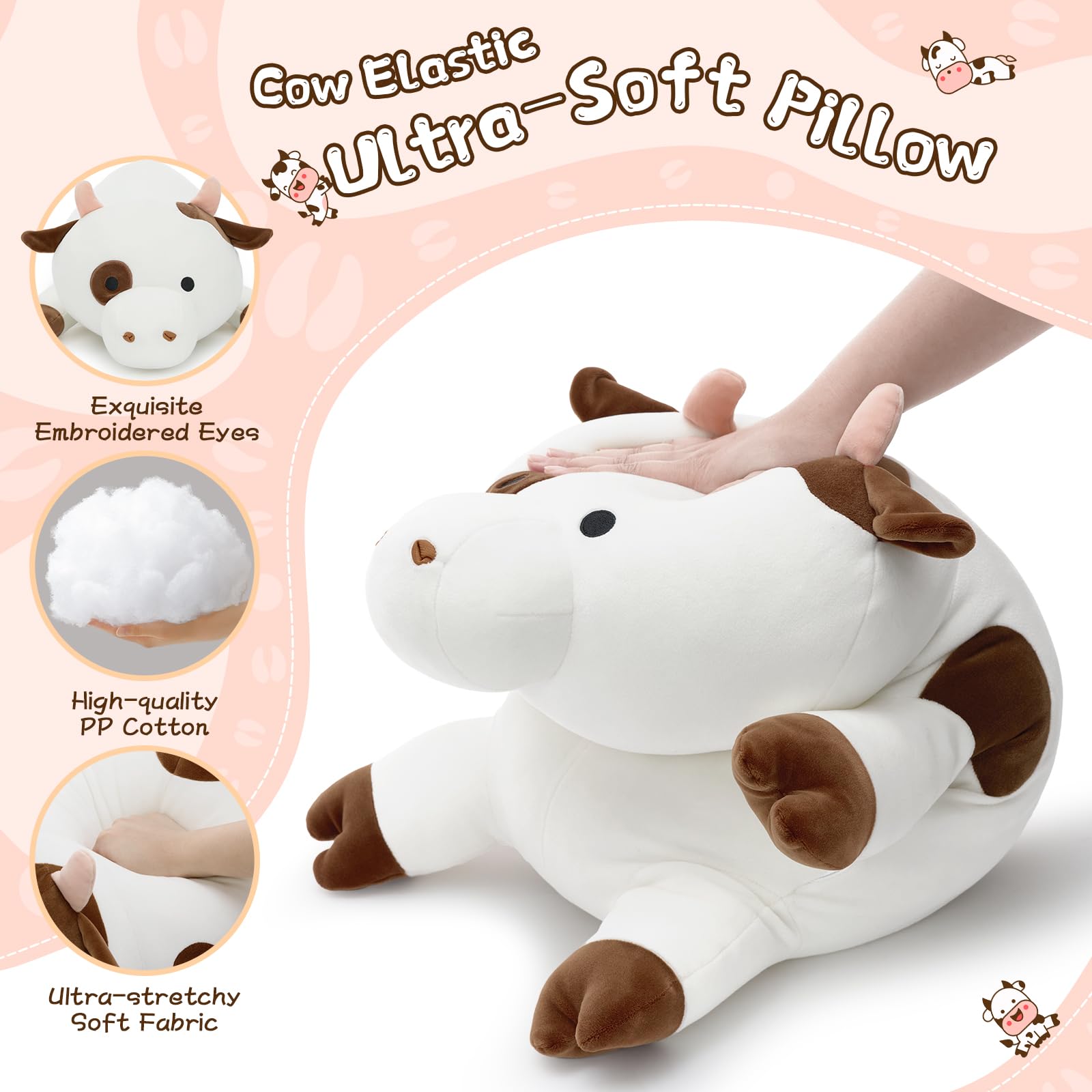 Tezituor cow plush pillow side view showing squishy support for resting.