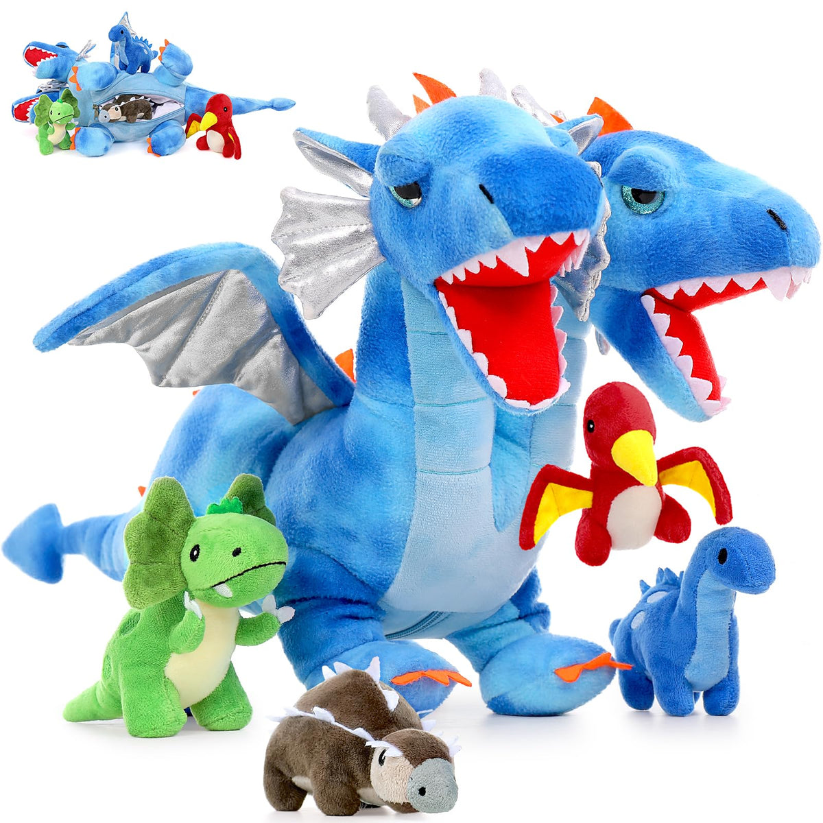 Tezituor double headed dragon plush with blue wings for cozy bedtime hugs