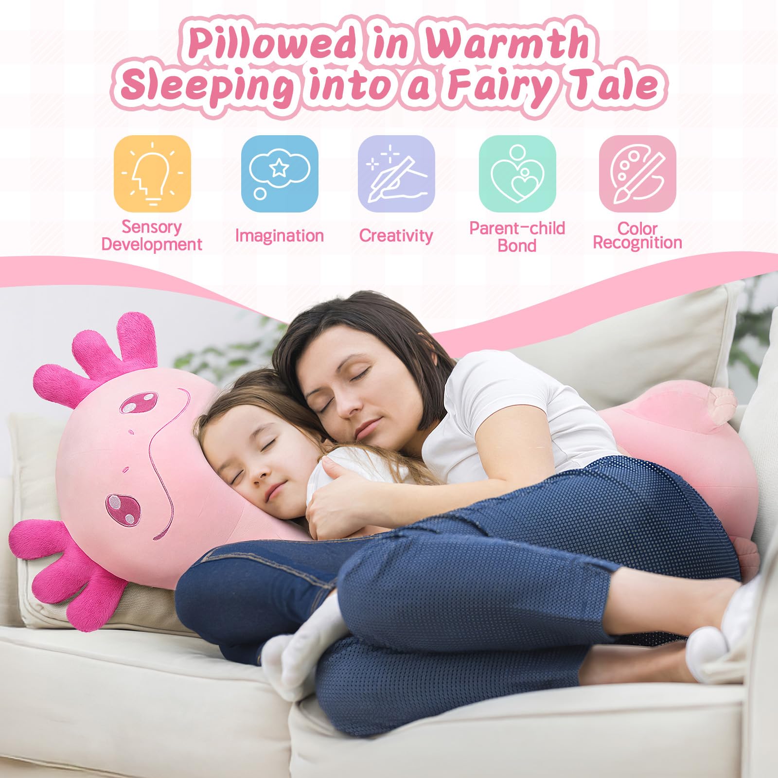 Tezituor giant pink axolotl stuffed animal adds whimsy while resting.