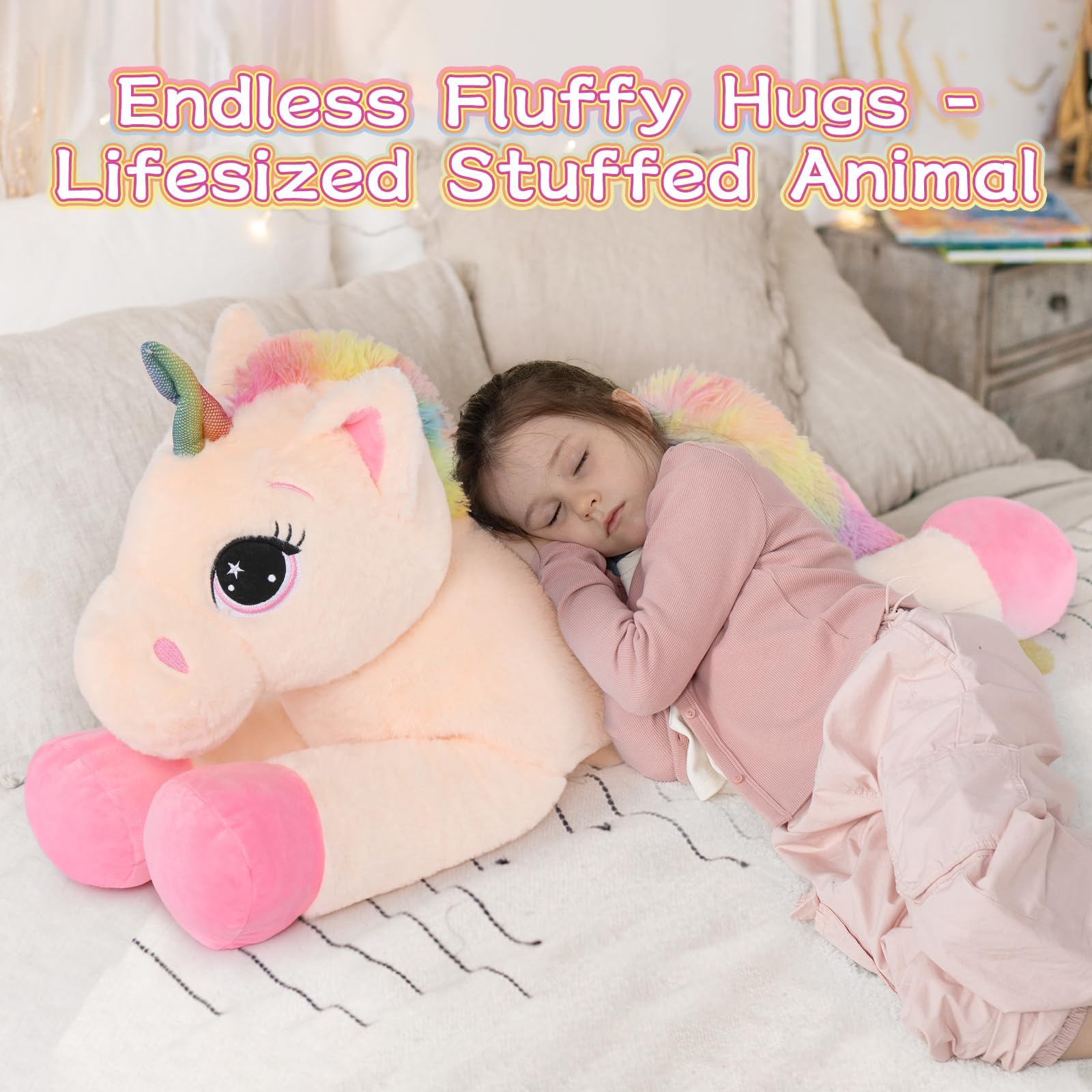 Tezituor pink-limbed unicorn plush with fluffy tail, perfect for naps and playtime.