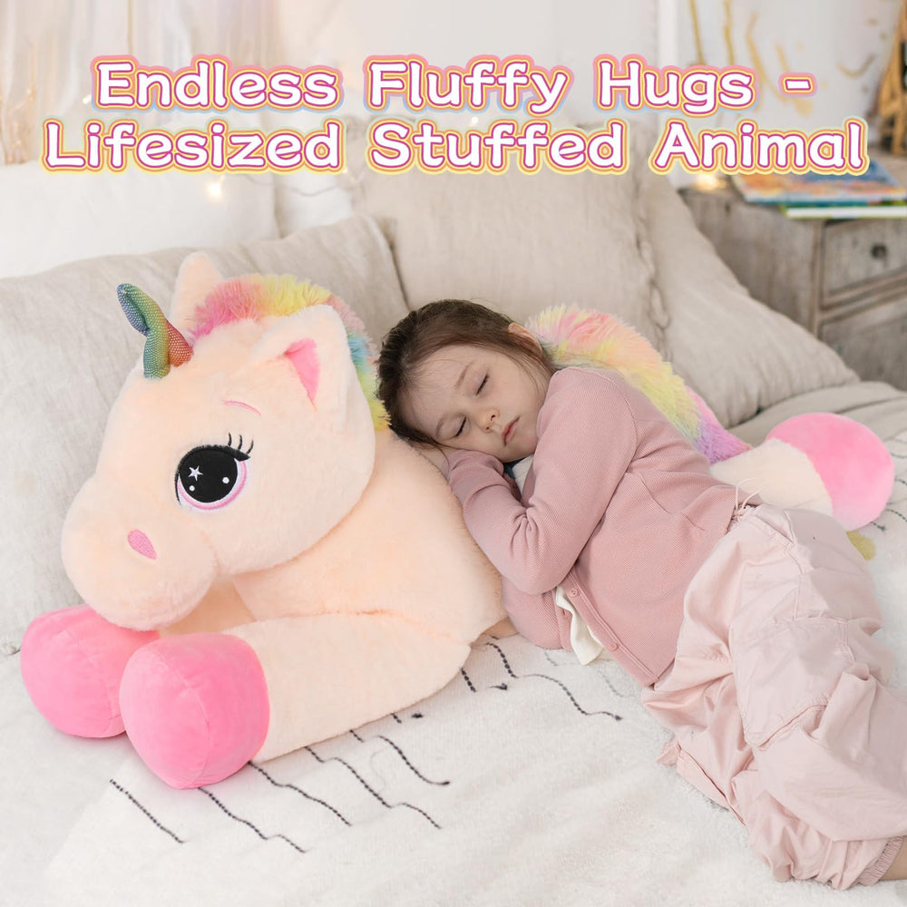 Tezituor pink-limbed unicorn plush with fluffy tail, perfect for naps and playtime.