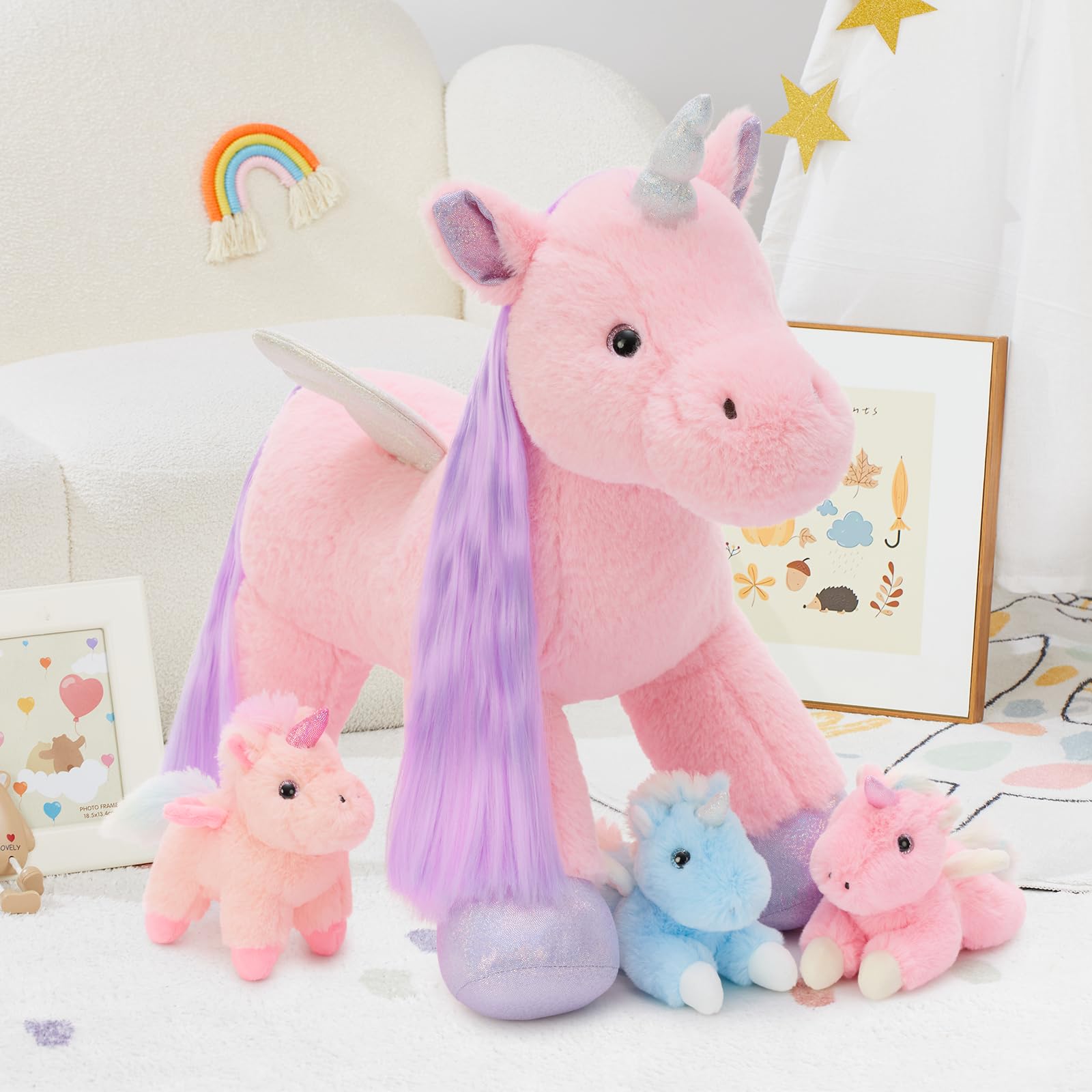 Tezituor pink unicorn plush with hair and wings, ideal for imaginative play and styling.