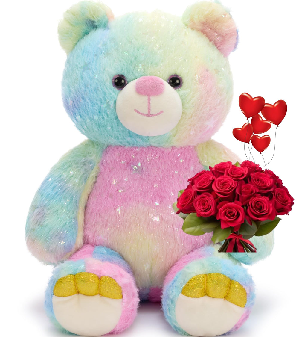 Tezituor rainbow teddy bear full front view showcasing vibrant tie dye fur for cozy decor
