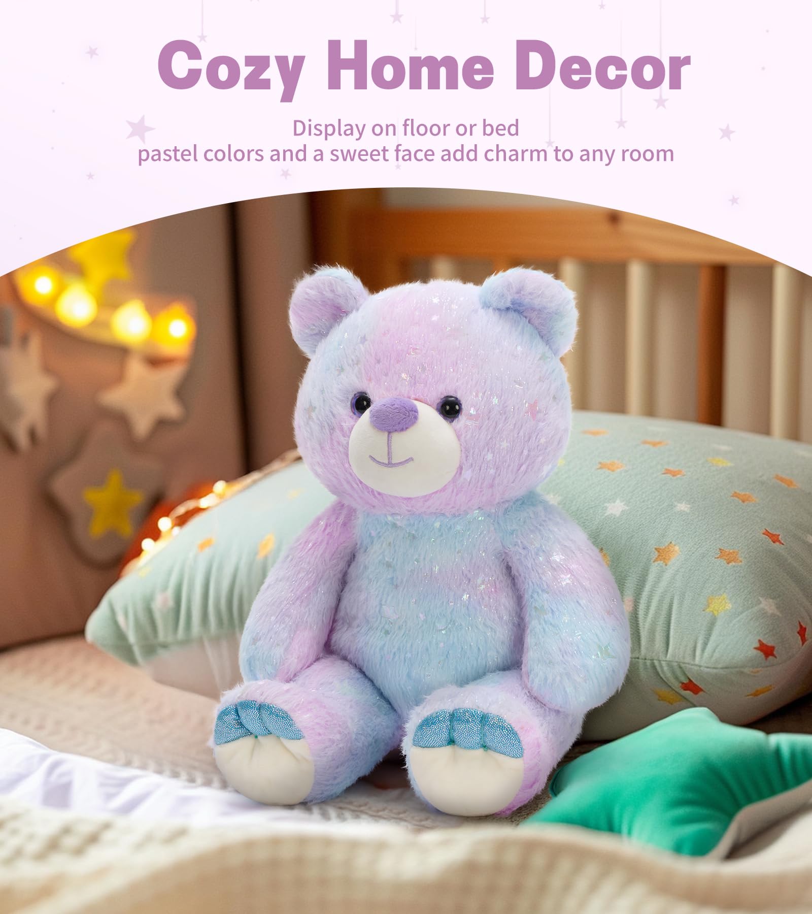 Tezituor rainbow bear displayed on bed or desk as cheerful room decor