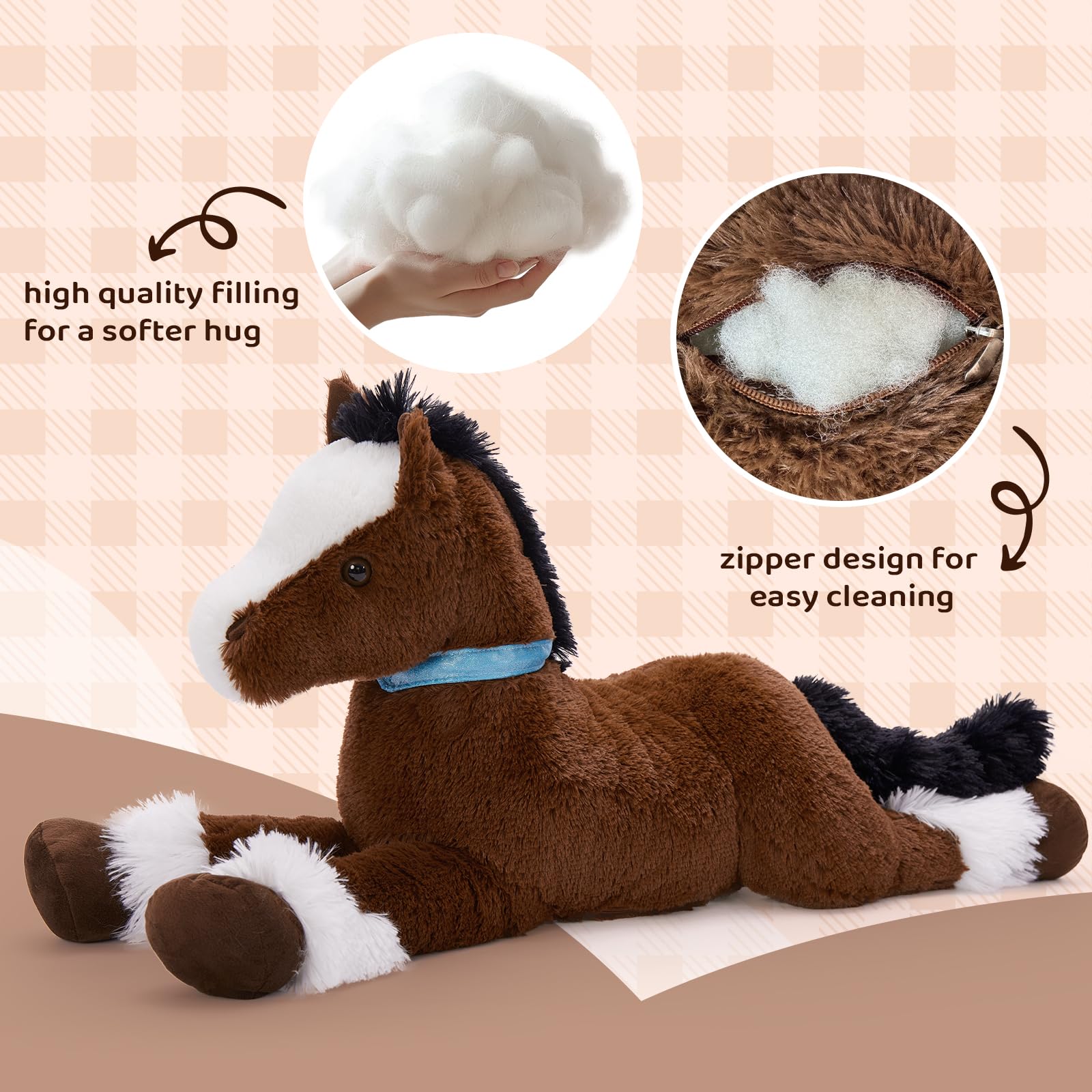 Tezituor giant plush horse with secure eyes for safe cuddling.