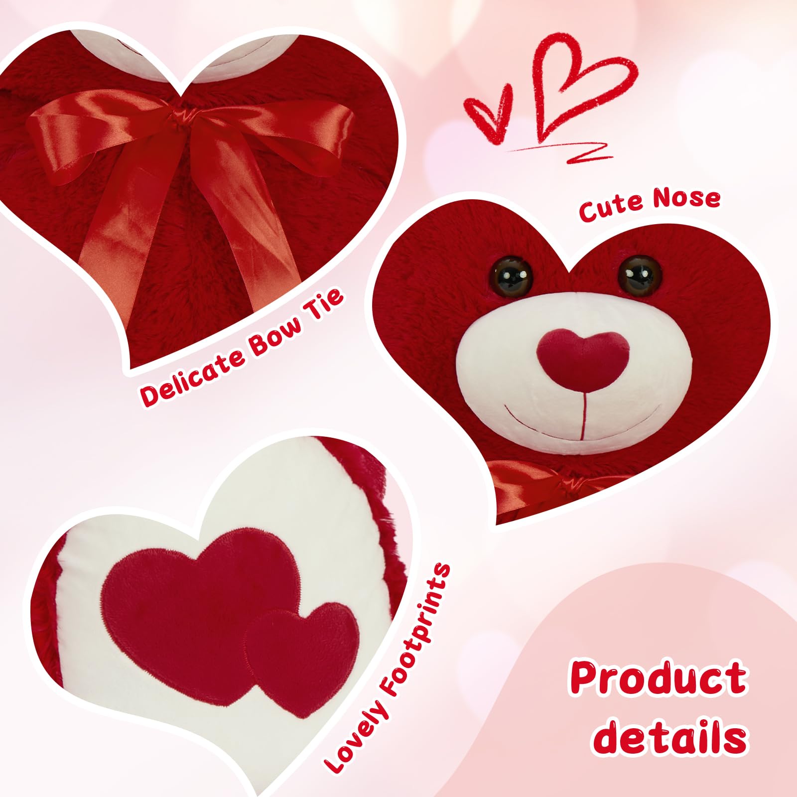 Tezituor teddy bear with red heart pads and satin bow brightens any room.