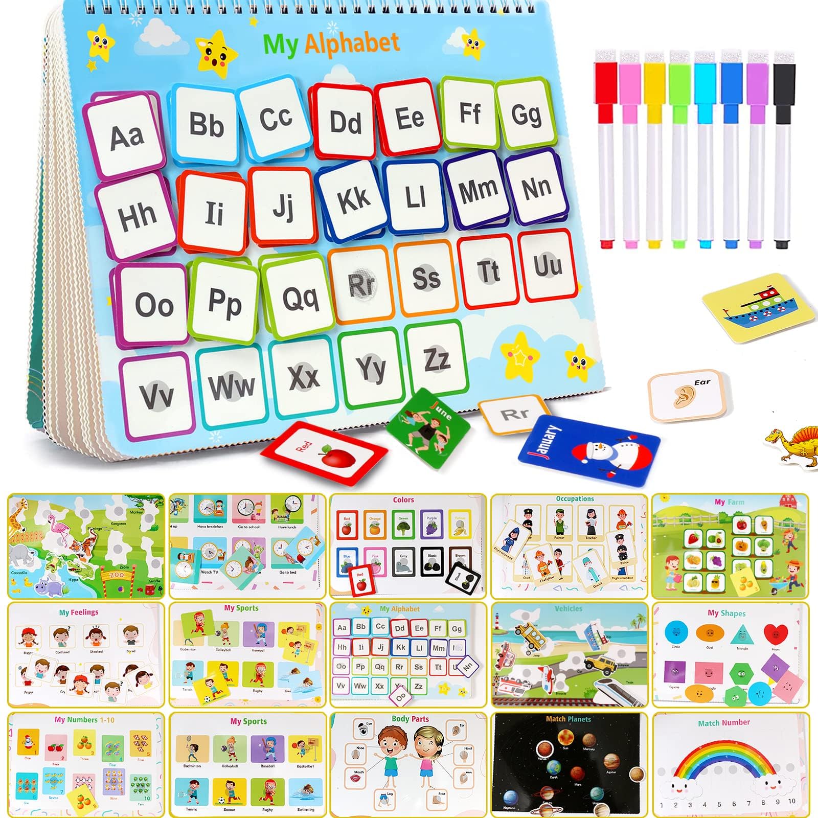 TFS TOP FANS Montessori Busy Book front cover; durable, travel-friendly learning for toddlers.
