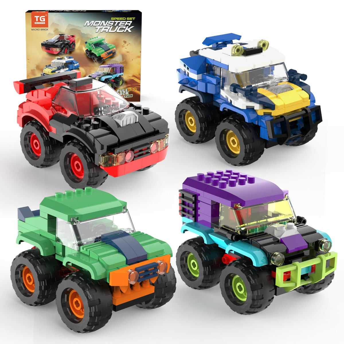 TG BLOCKS 4-pack monster truck micro brick set showcases four trucks for imaginative building play.