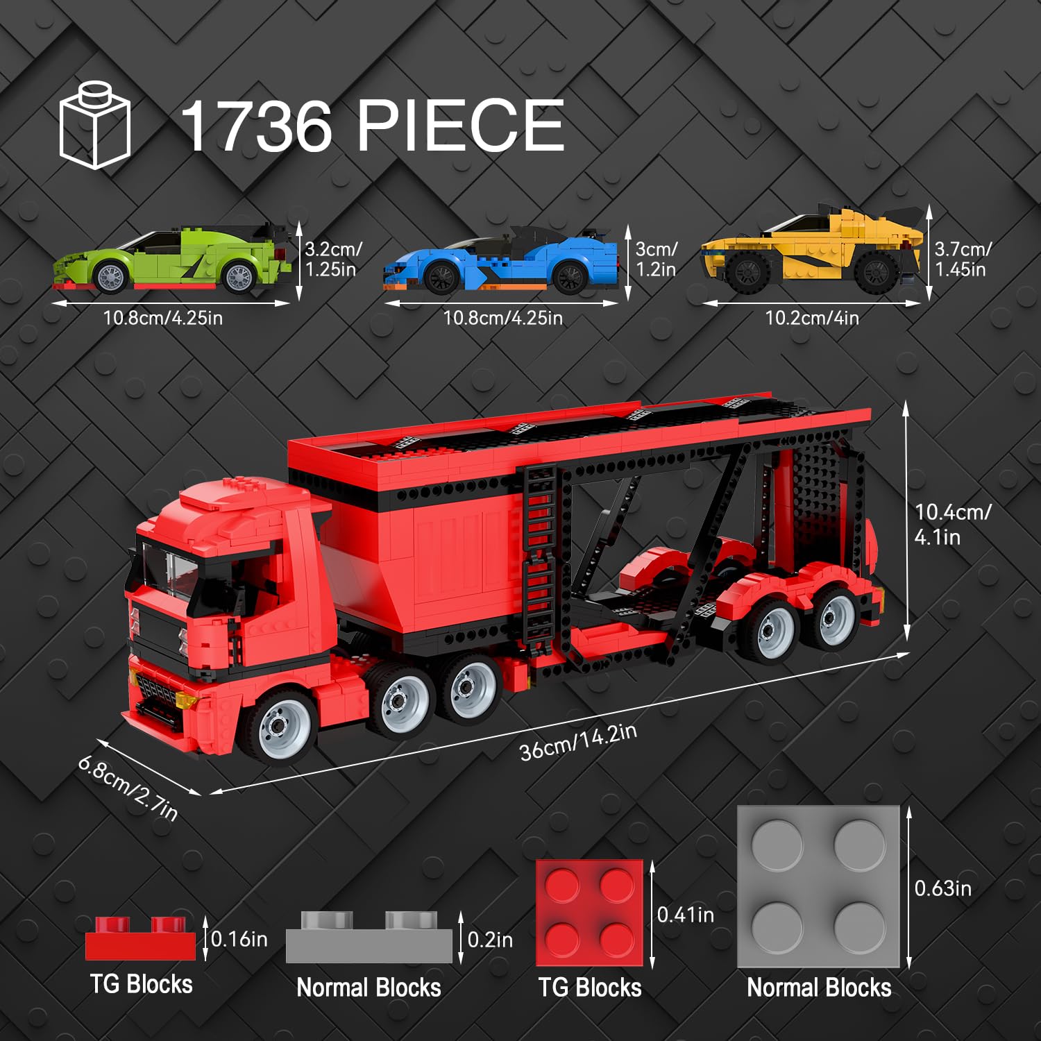 TG BLOCKS Micro Brick Car Transporter three green, blue, and yellow cars for versatile racing.