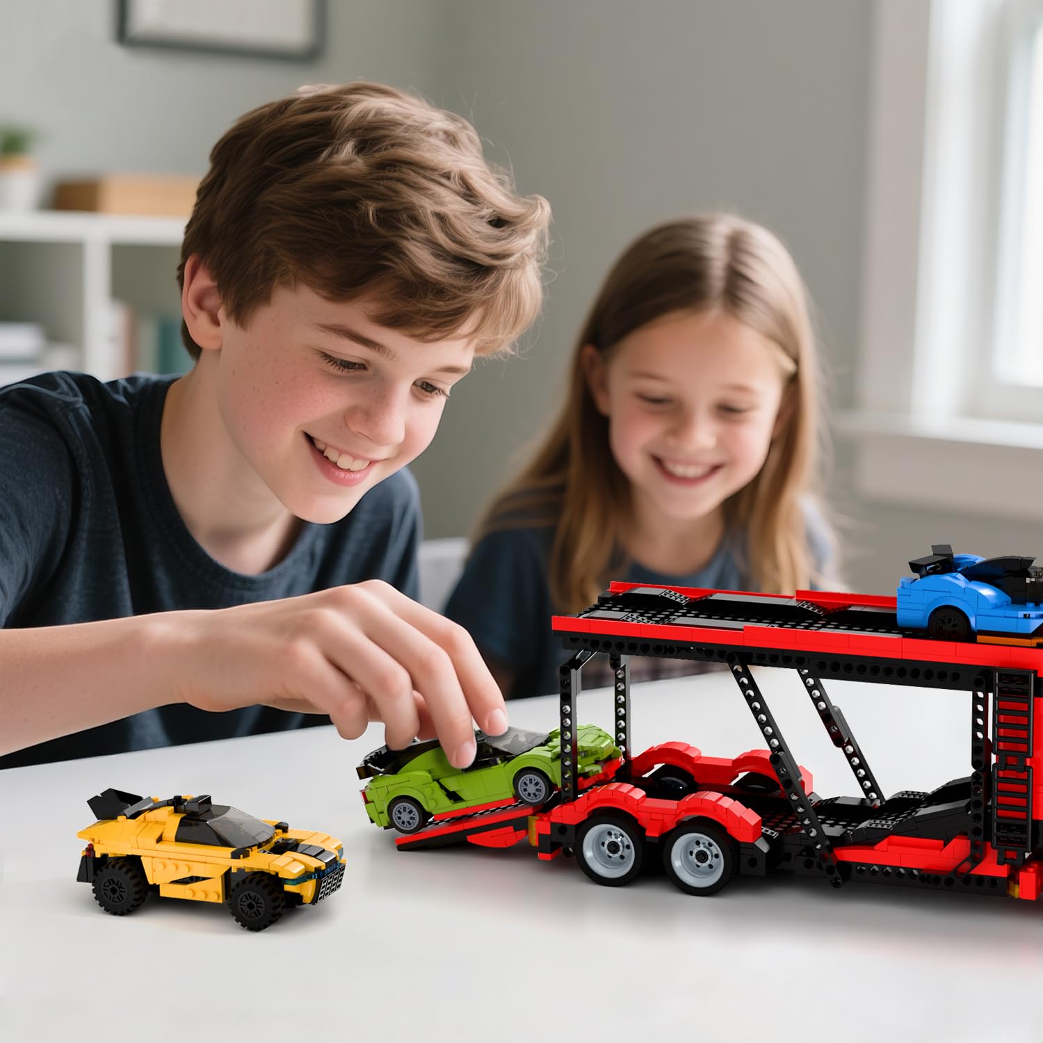 TG BLOCKS Micro Brick Car Transporter opening doors add authentic detail.