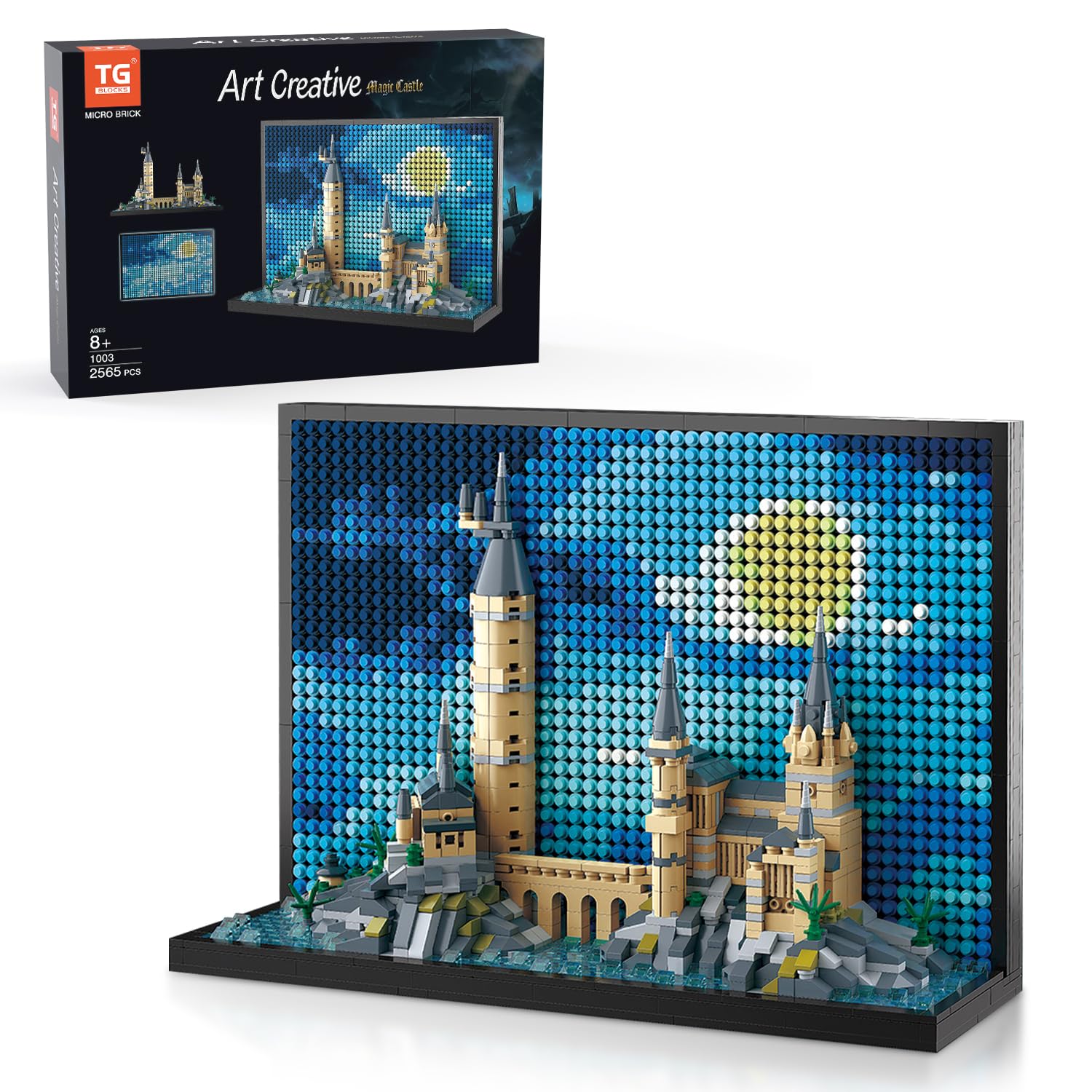TG BLOCKS Micro Brick Magic Castle on shelves, decorative centerpiece.