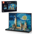 TG BLOCKS Micro Brick Magic Castle on shelves, decorative centerpiece.