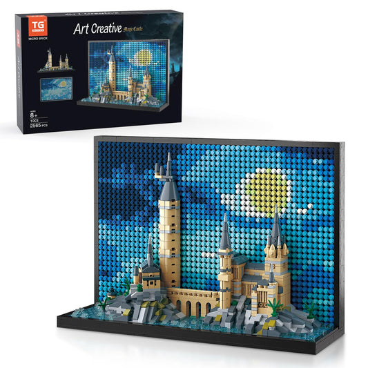TG BLOCKS Micro Brick Magic Castle on shelves, decorative centerpiece.