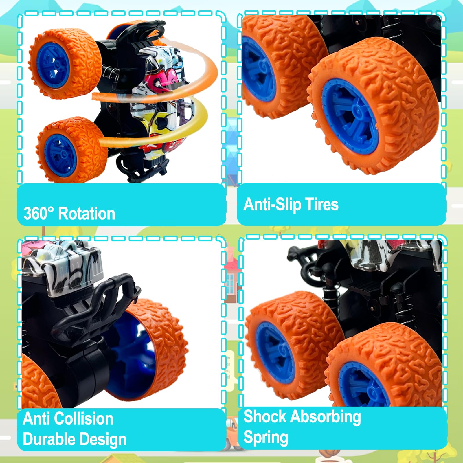 TGIQROVE mini monster trucks performing 360 stunt action for outdoor play