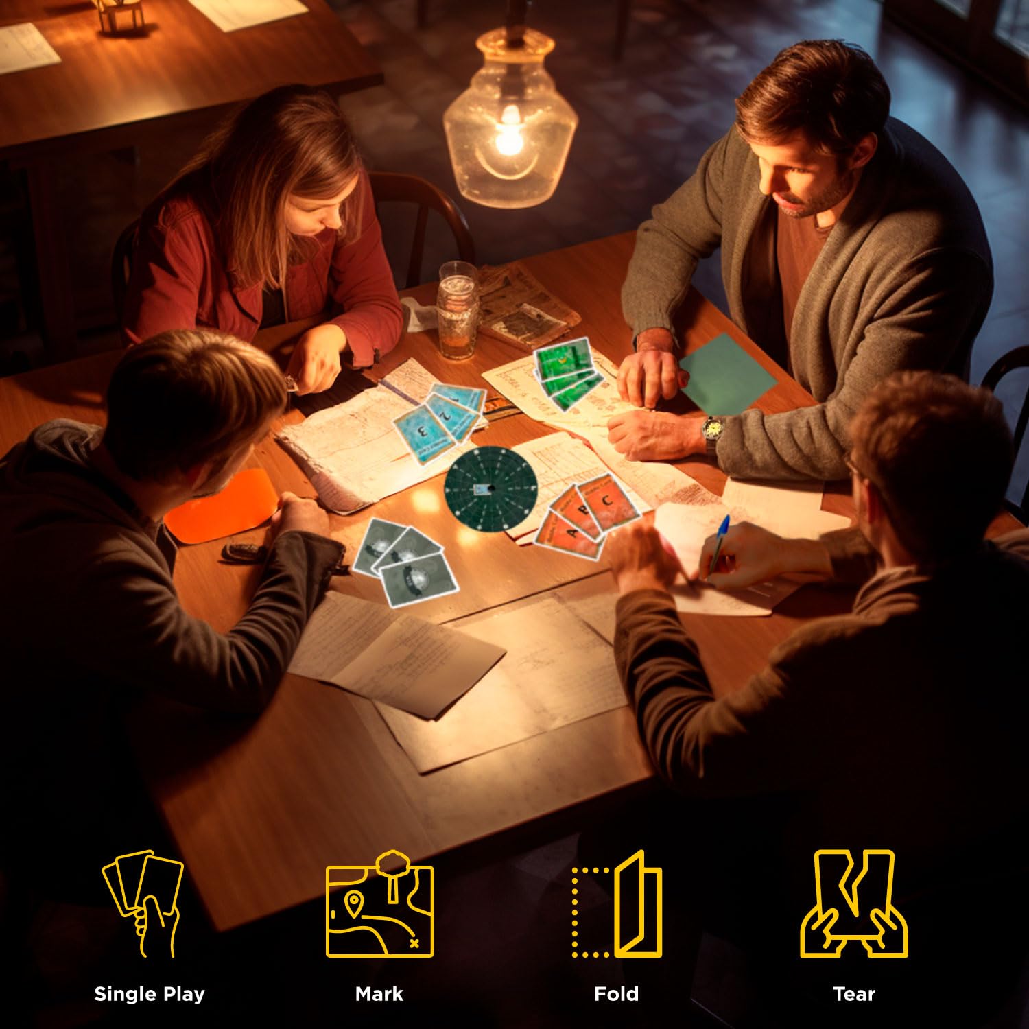 EXIT The Game team collaboration around a table boosts social fun.