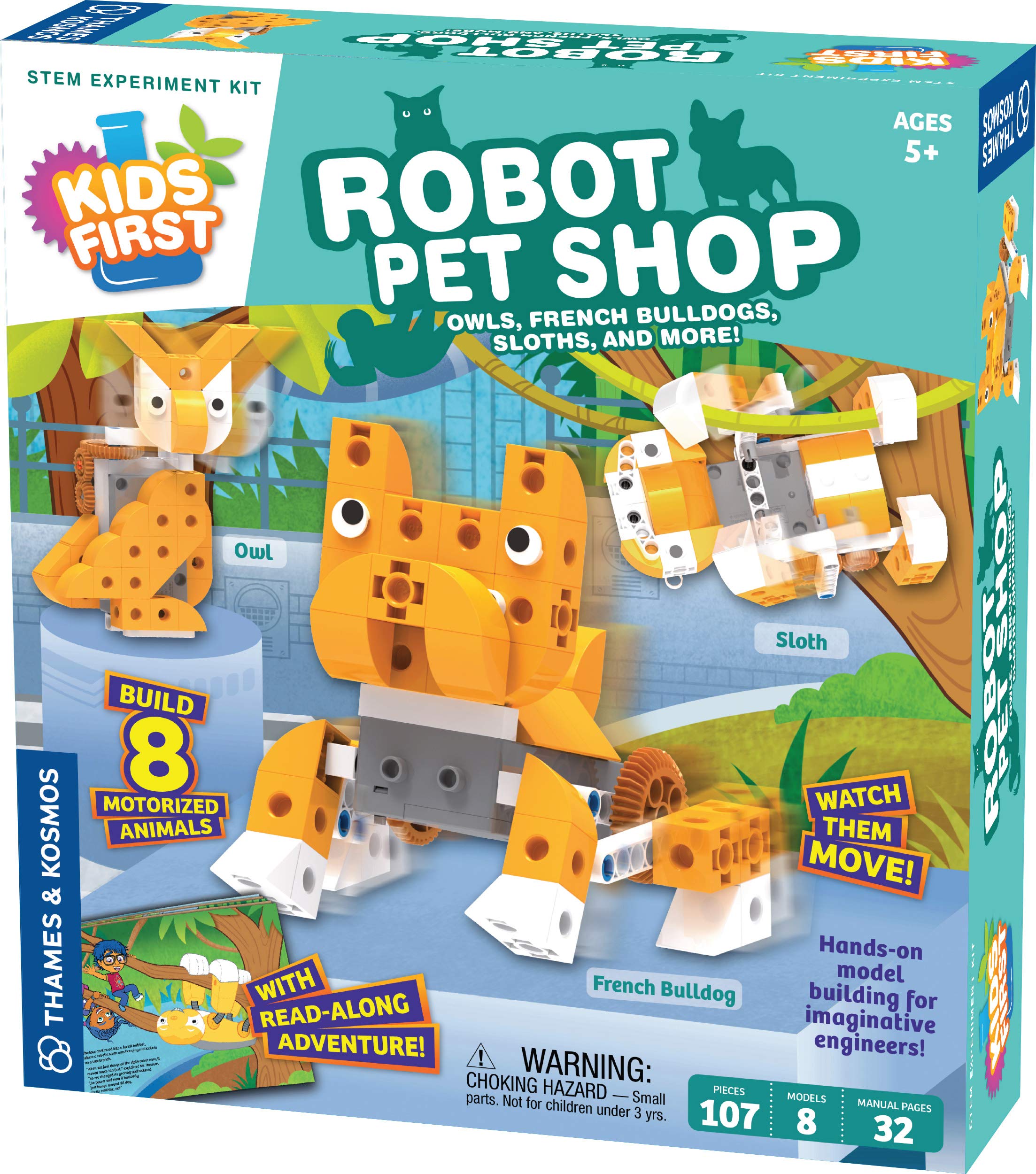 Thames & Kosmos Kids First Robot Pet Shop Owl model demonstrates simple gears and movement for curious minds.