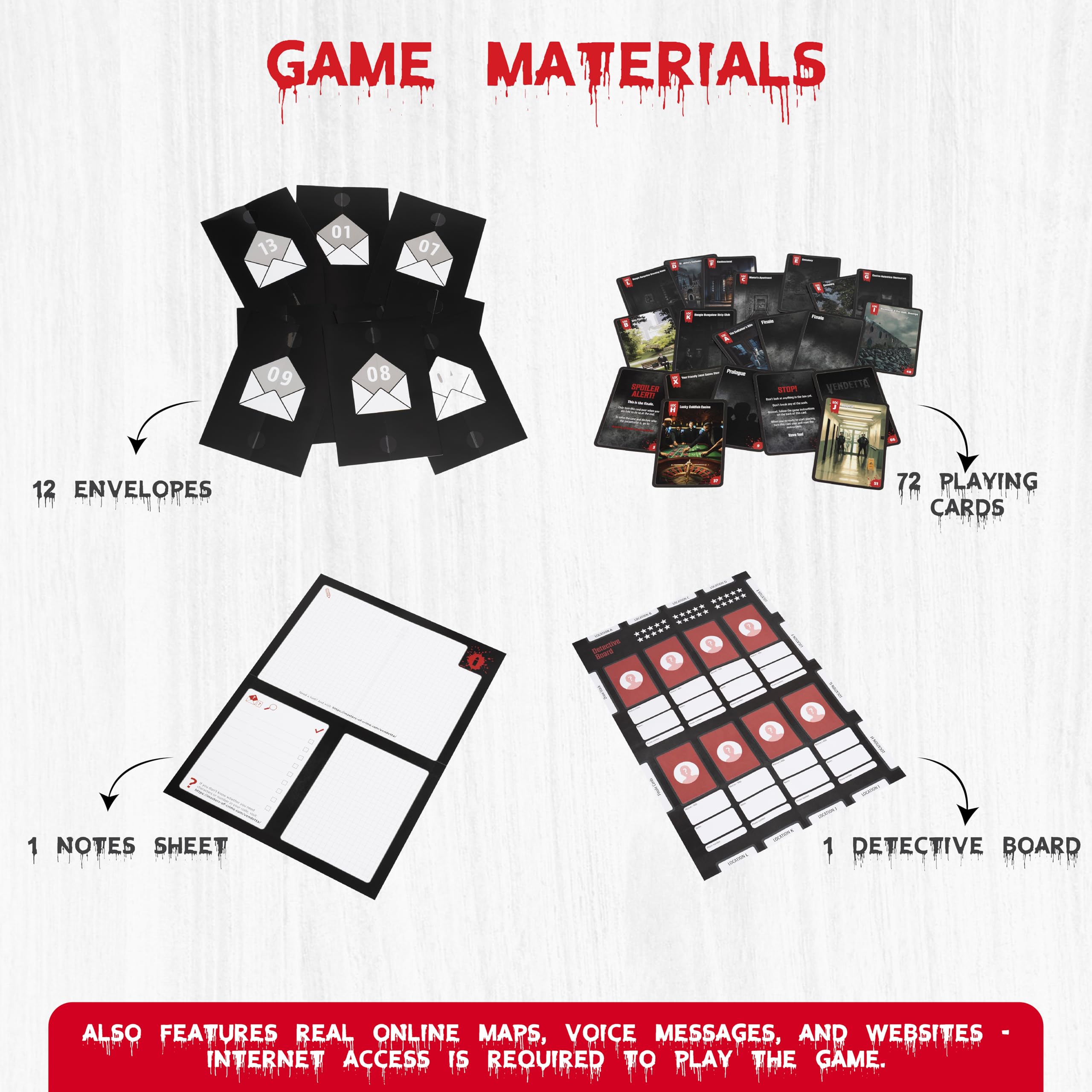 Masters of Crime Vendetta evidence cards enable collaborative deduction.