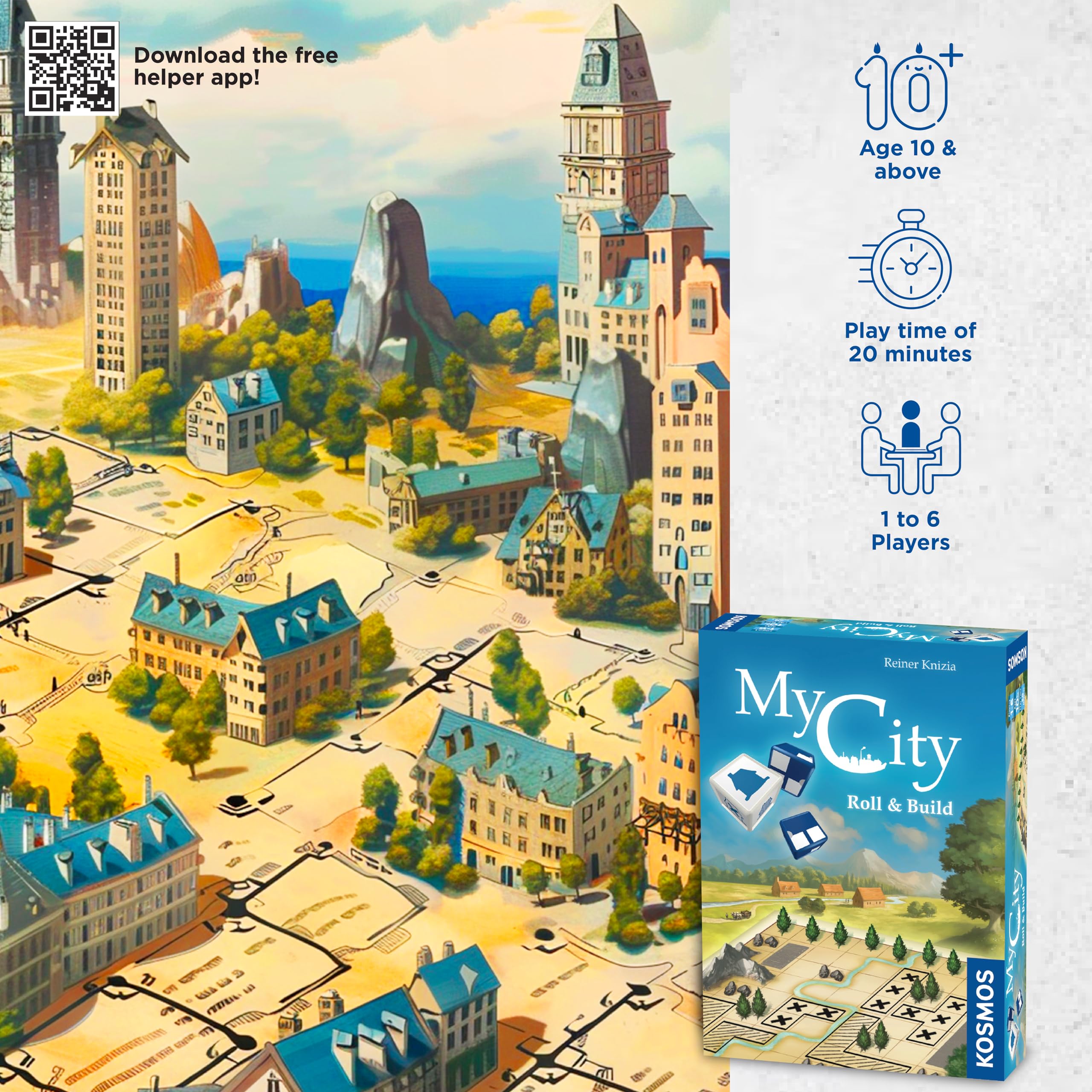 Roll-and-build dice drawing for quick, cooperative city planning.