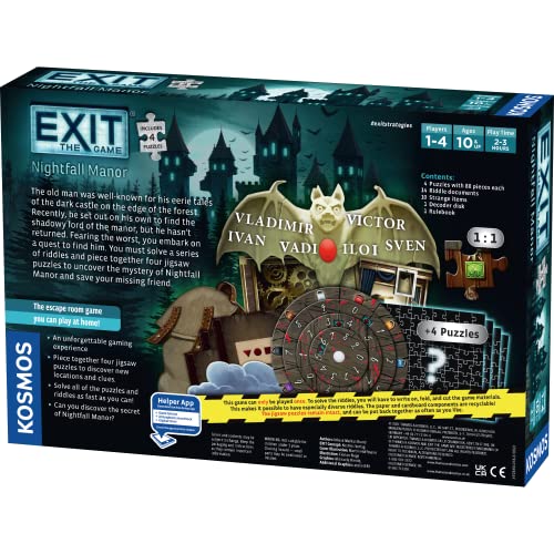 EXIT Nightfall Manor four 88-piece puzzles spread out for collaborative play by Thames & Kosmos.
