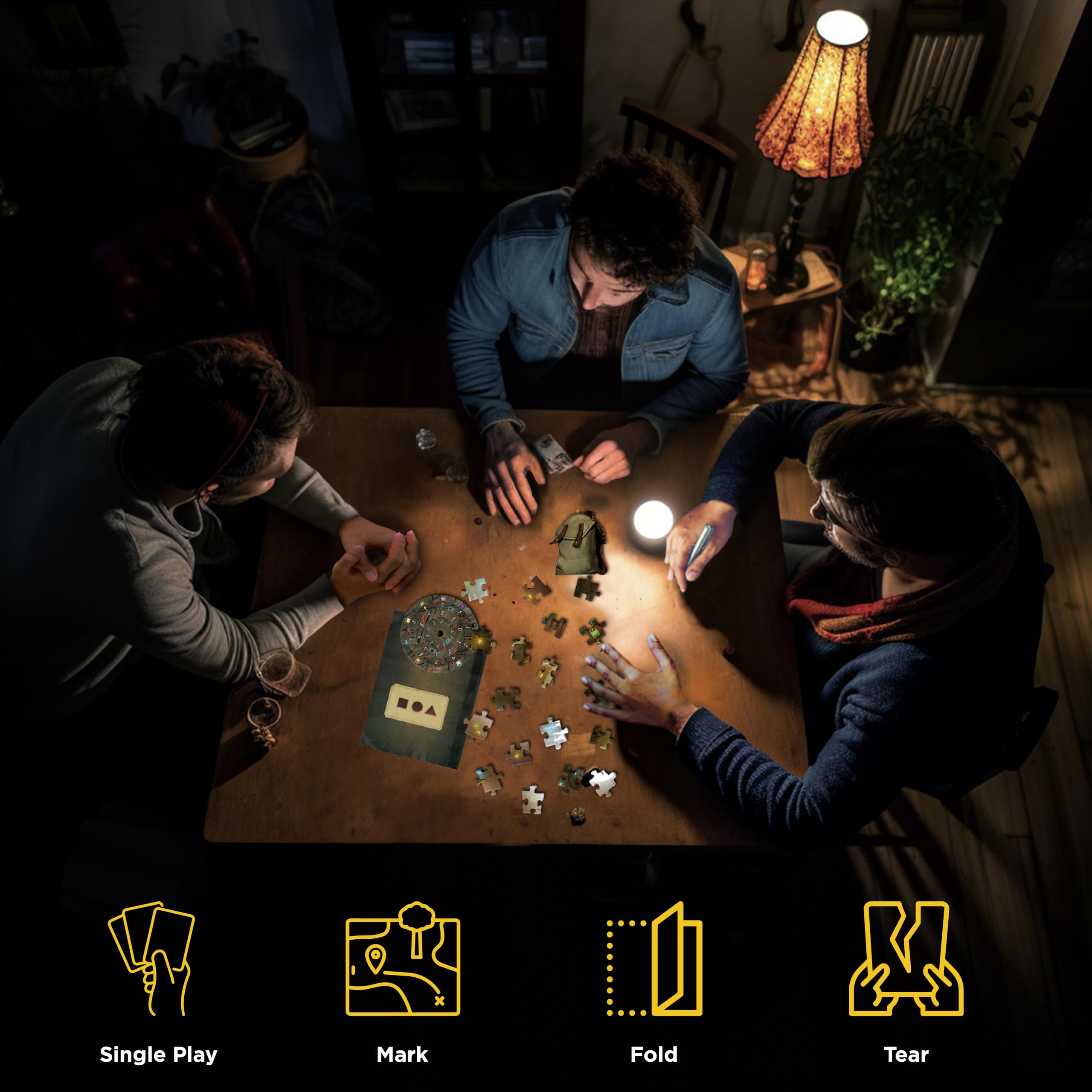 Nightfall Manor game setup on a table ready for family cooperative play by Thames & Kosmos.