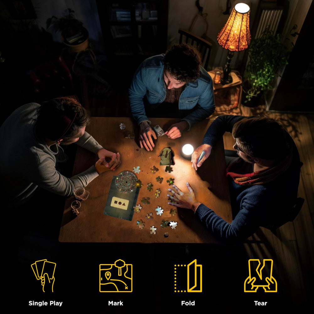 Nightfall Manor game setup on a table ready for family cooperative play by Thames & Kosmos.
