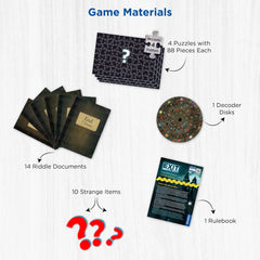 Thames & Kosmos Nightfall Manor puzzles laid out across the table for collaboration and progress.